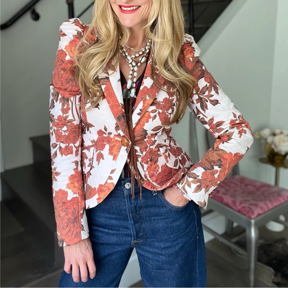 SMYTHE taped pouf sleeve one button blazer in Orange White rust floral Sz 4 - Picture 3 of 13